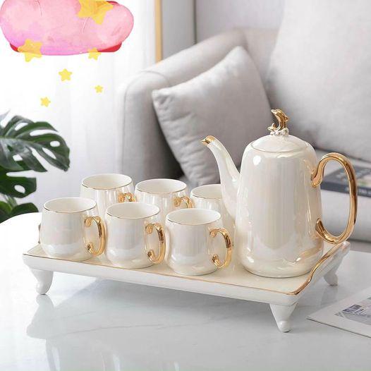 BỘ ẤM CHÉN KÈM KHAY SỨ CÓ CHÂN PHA TRÀ CÀ PHÊ TRẮNG ÁNH TRAI PHONG CÁCH CHÂU ÂU SANG TRỌNG, ĐỘC ĐÁO