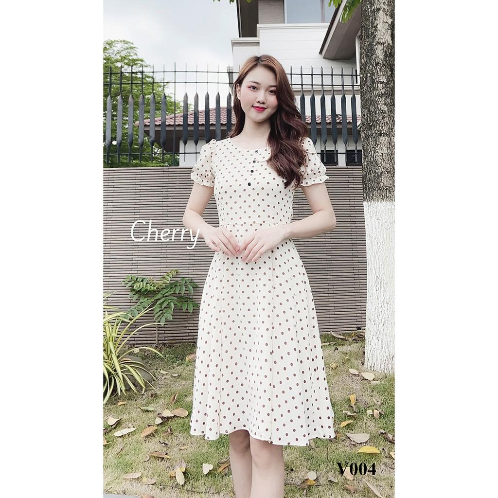 Đầm công sở chấm bi dáng đầm xòe có hai dây thắt eo tôn dáng, váy công sở ôm eo tôn body siêu đẹp - Cherry V004