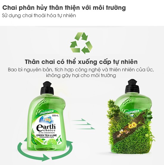 Nước rửa chén gốc thực vật đậm đặc hương chanh và trà xanh Earth Choice Úc 500ml