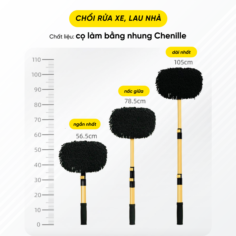 Chổi Lau Rửa Vệ Sinh Xe Ô Tô - Sợi Mềm, Cán Điều Chỉnh Được Độ Dài, Cong Tiện Lợi