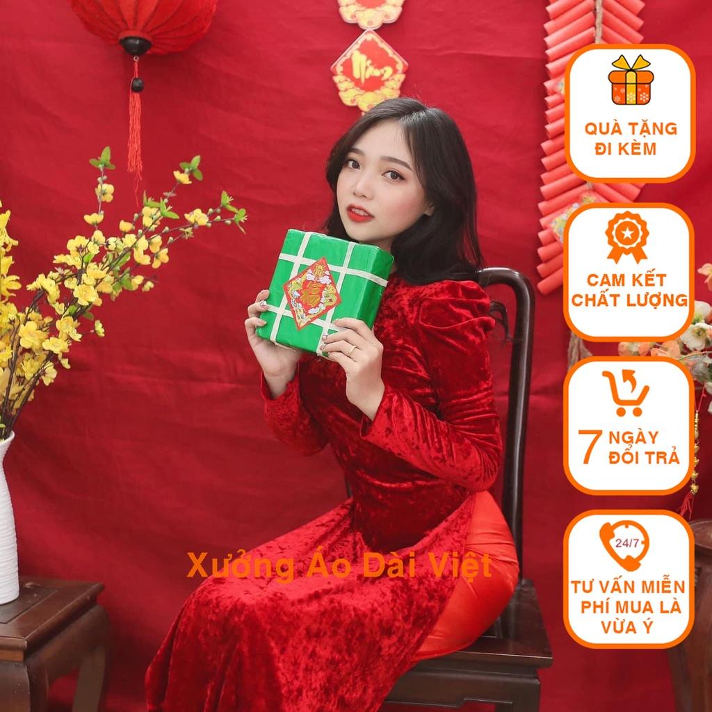 Áo dài nhung đỏ nhám Vai Bồng Áo Dài Việt sẵn áo truyền thống form đẹp, vải co giãn dễ mặc, trẻ trung