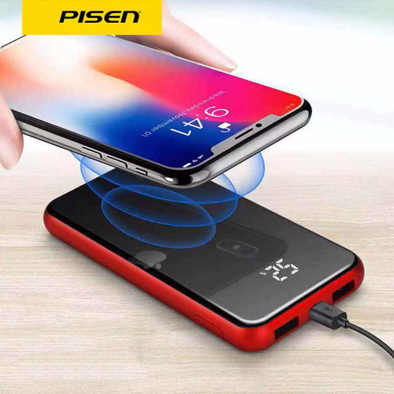 Sạc Dự Phòng Không Dây Pisen Wireless Charging  8000mAh ( Mặt kính, 2x USB Smart, Fast, Micro, LCD)- (TS-D252), hàng chính hãng