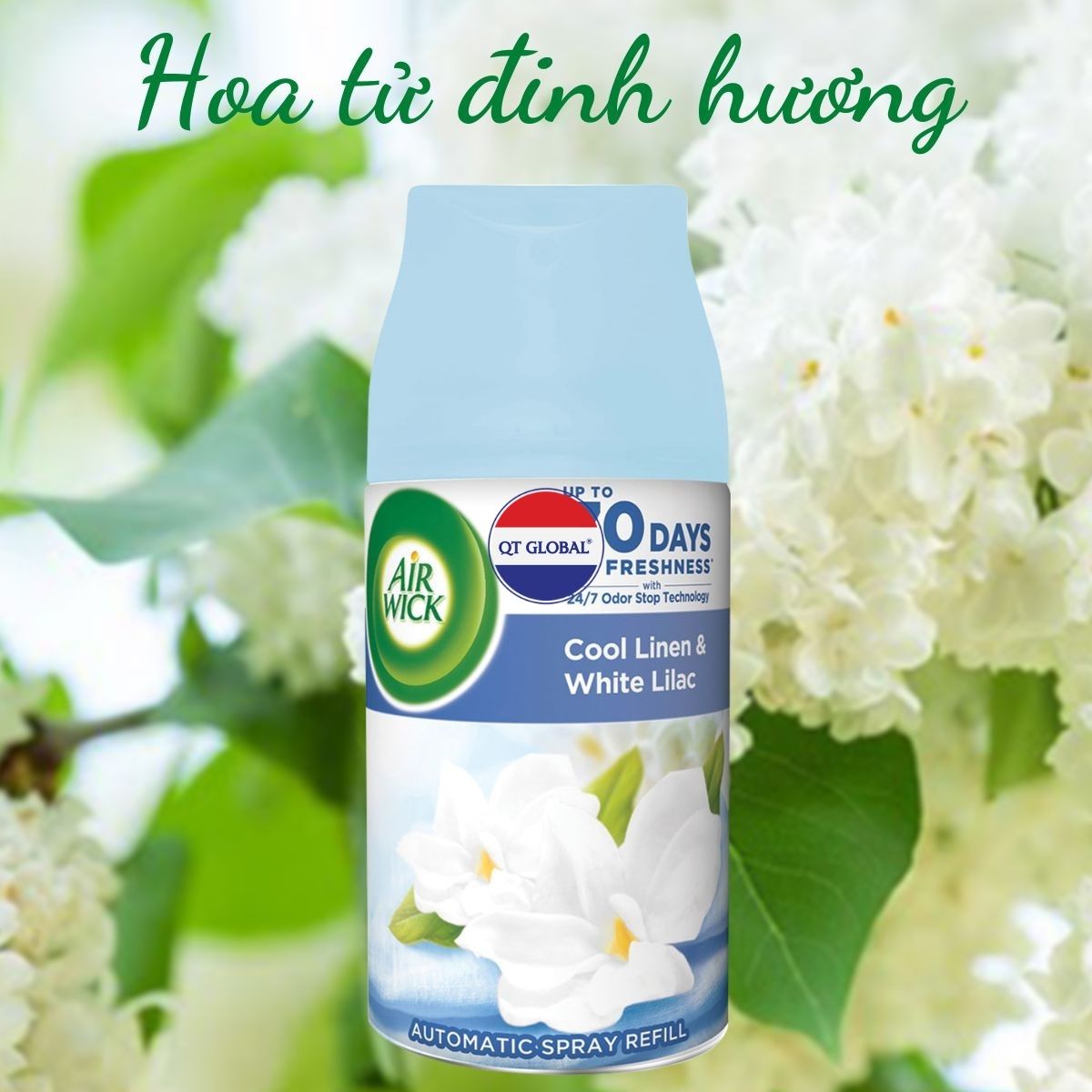 Bình xịt thơm phòng Air Wick Cool Linen &amp; White Lilac 250ml QT016834 - hoa tử đinh hương