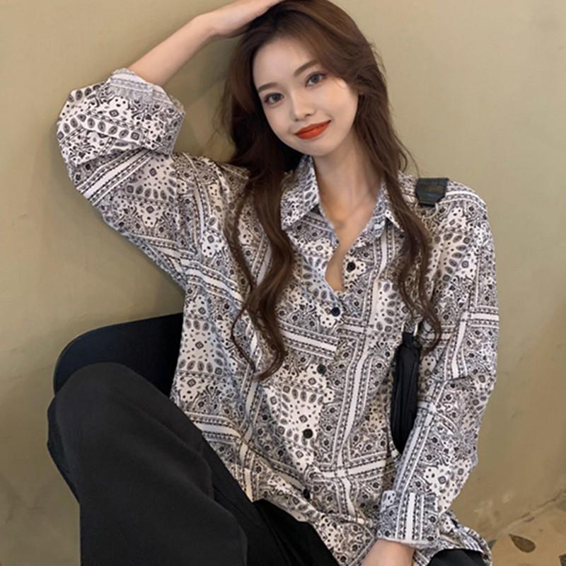Áo Sơ Mi Tay Dài Form Rộng In Họa Tiết Phong Cách Retro Cho Nữ