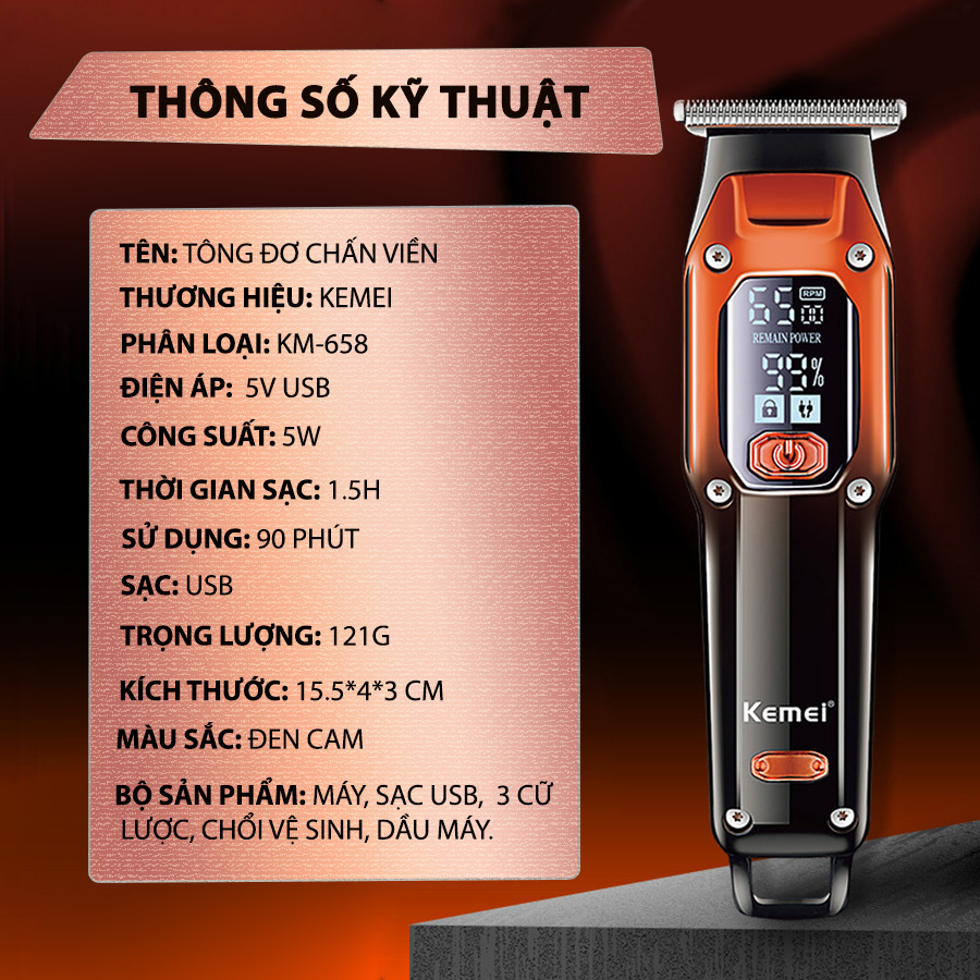 Tông đơ chấn viền Kemei KM-658 điều chỉnh 2 mức tốc độ có màn hình LCD có thể bấm viền, khắc tóc, cạo đầu - Hàng chính hãng