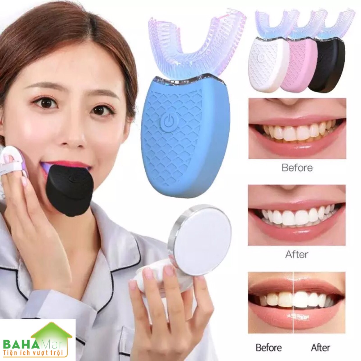 BÀN CHẢI ĐÁNH RĂNG ĐIỆN TỰ ĐỘNG CHỮ U 360 ĐỘ CÓ ÁNH SÁNG XANH KHỬ TRÙNG BAHAMAR làm cho việc đánh răng trở nên dễ dàng và sạch sẽ toàn bộ mặt trước