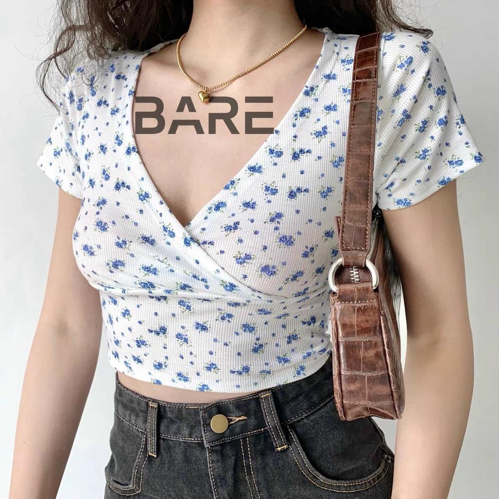 Áo croptop nữ form ôm body tay ngắn hoa nhí mùa hè thiết kế đắp chéo trẻ trung