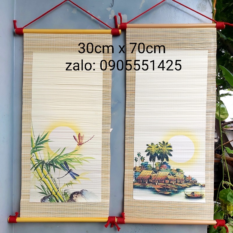 Bộ 4 mành tre viết thư pháp có in cảnh kích thước 30cm x 70cm