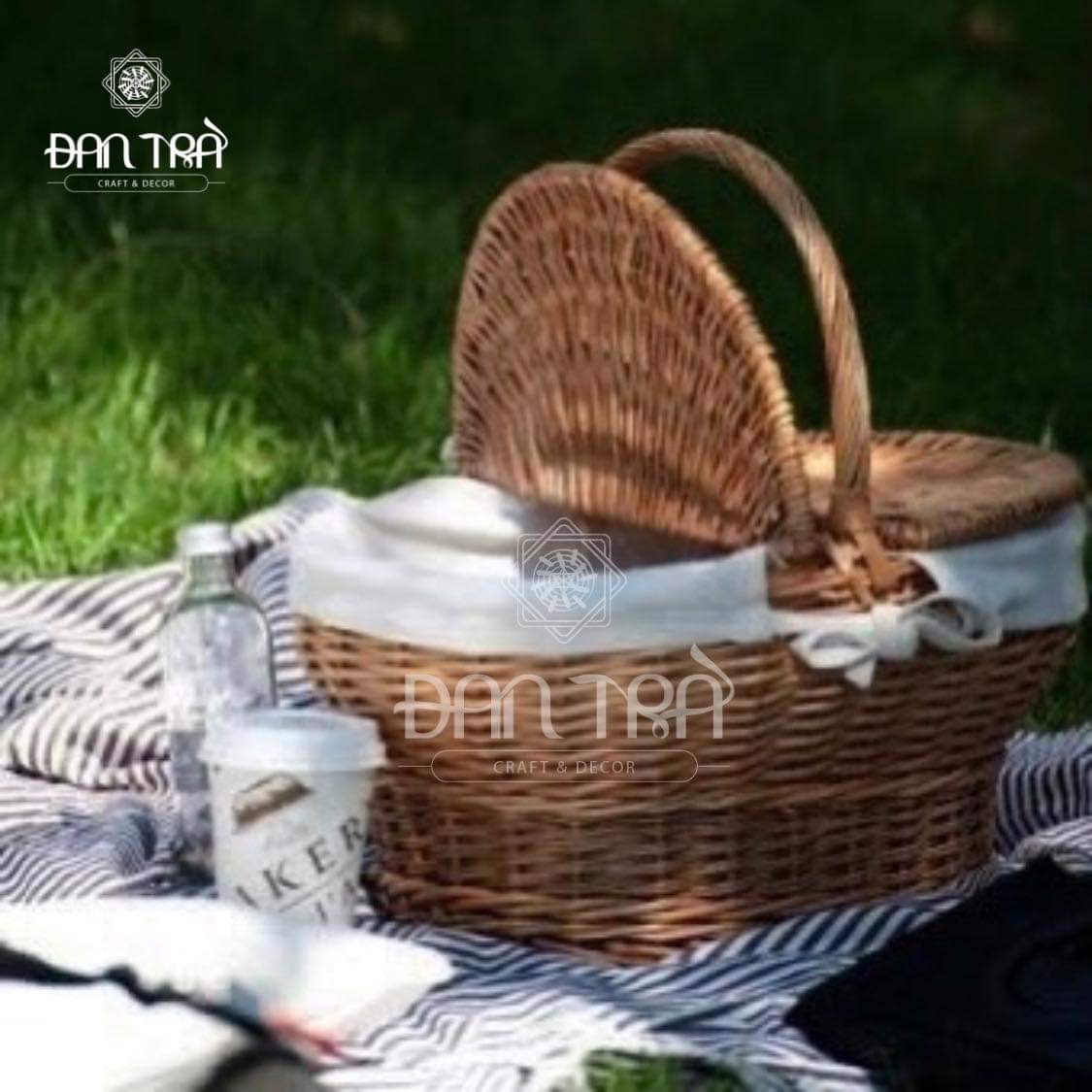 Giỏ Mây Picnic Lót Vải Có Nắp -Giỏ Mây Decor Phòng- Phụ Kiện Decor Mây Tre Đan