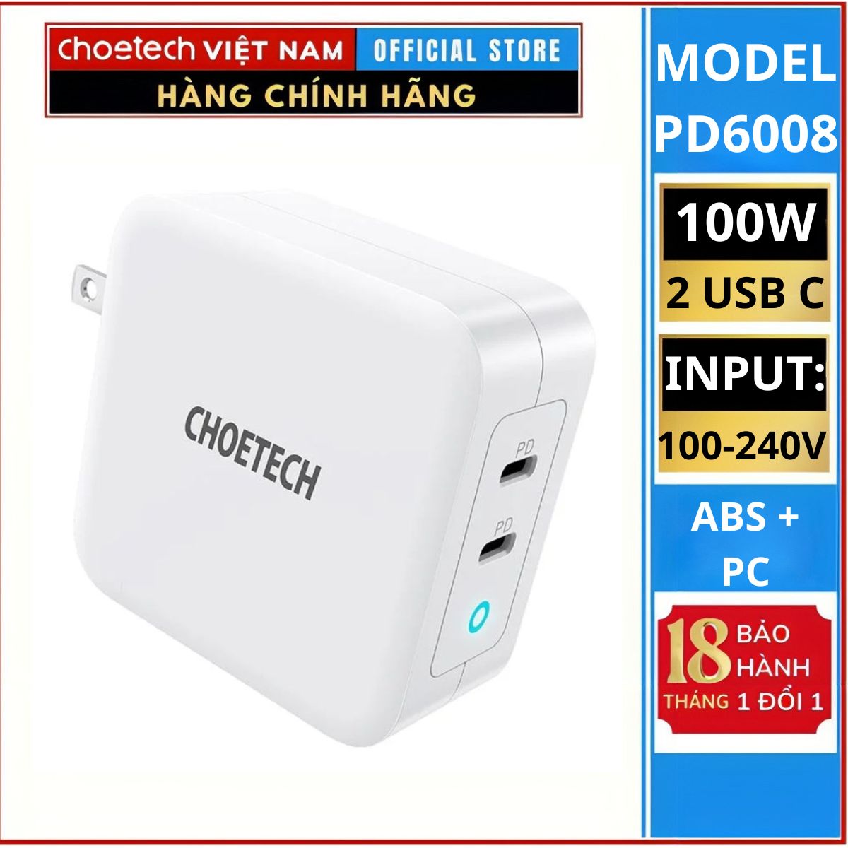 Củ sạc Gan 100w 2 cổng Type C Choetech PD6008 (Hàng chính hãng)