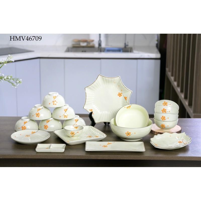 Set Bộ đồ ăn Bát Tràng men kem, họa tiết vẽ thủ công.