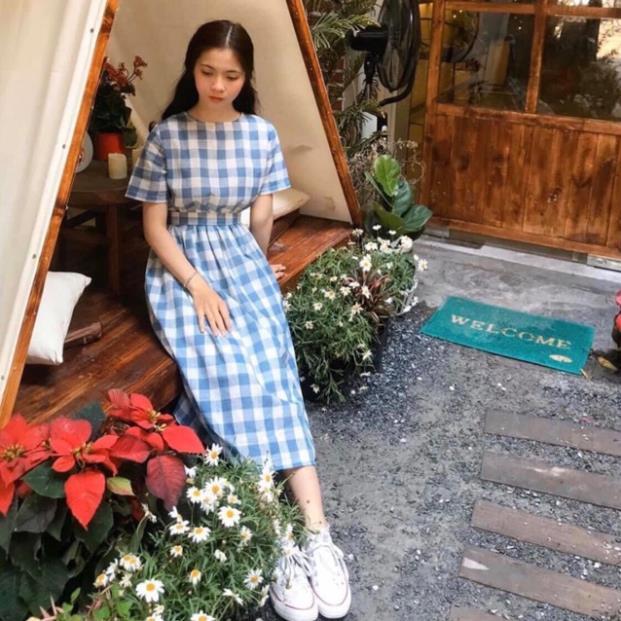 X2 Đầm maxi sọc caro xanh đi biển thắt nút sau form dài váy công sở cổ tròn tay ngắn dây eo