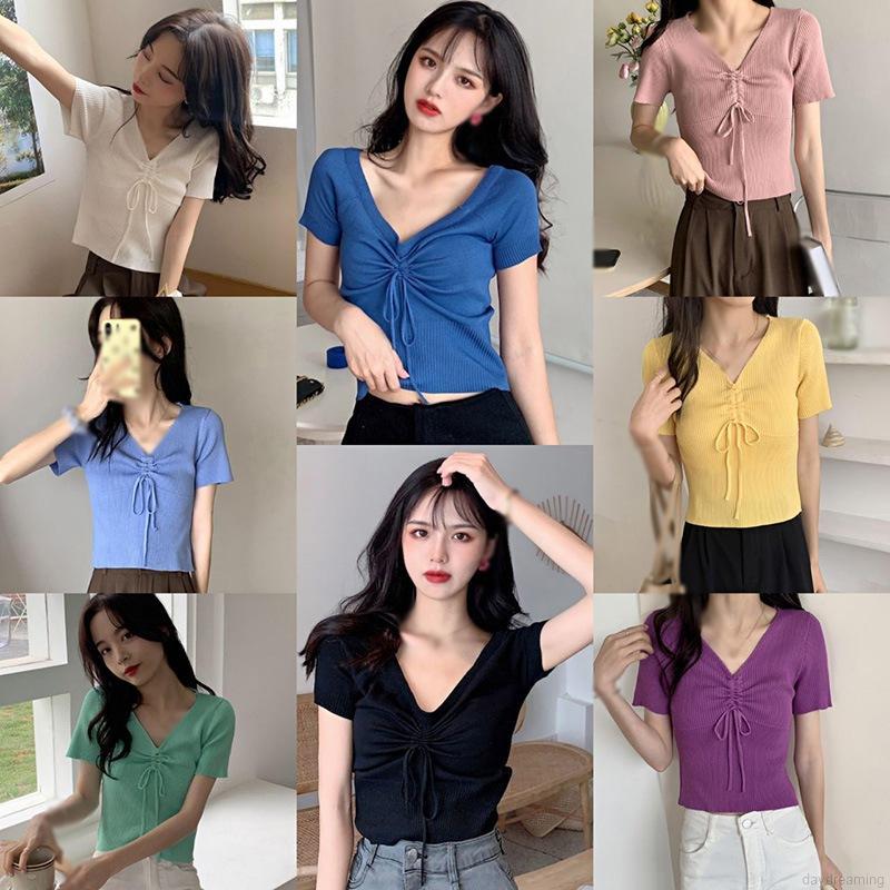 Áo Thun Tay Ngắn Cổ Chữ V Màu Trơn Thiết Kế Đơn Giản Thời Trang Dành Cho Nữ