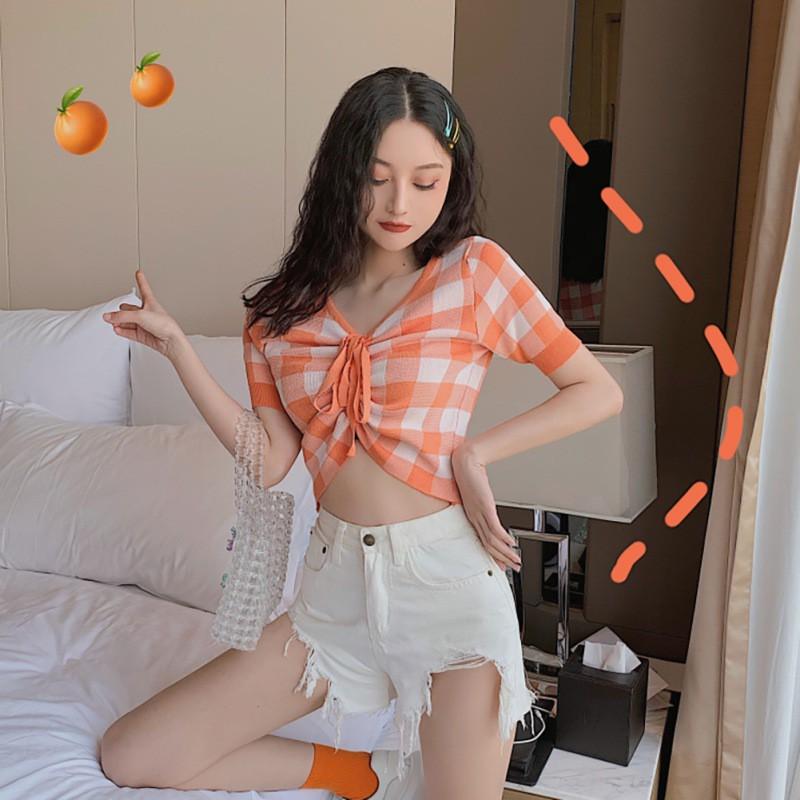 Áo Dệt Kim Nữ Ngắn Tay Cổ Chữ V Thời Trang Hàn