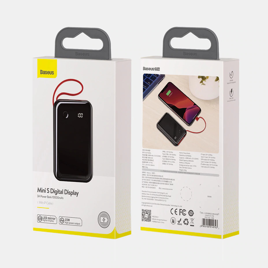 Pin sạc dự phòng 10.000mAh sạc nhanh 15W kèm dây Type-C hiệu Baseus Mini S Digital Display 3A cho Smartphone/ Tablet Samsung iPhone iPad Xiaomi Oppo Huawei  (chuẩn QC 3.0 &amp; PD 3.0, 2 input / 3 output, LCD display) - Hàng nhập khẩu