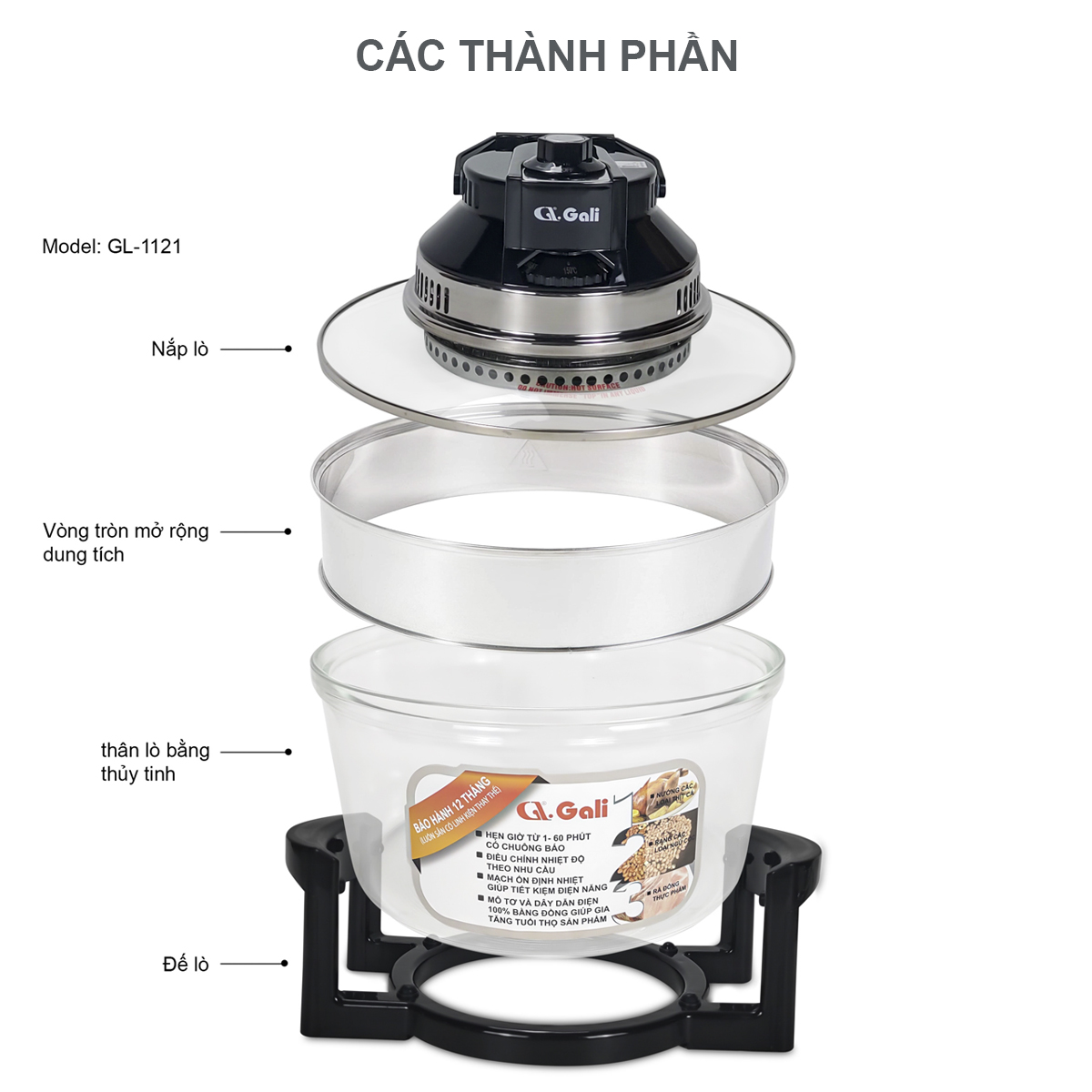 Lò nướng thủy tinh đa năng Gali GL-1121 17 lít 1300w, hàng chính hãng bảo hành 24 tháng, tặng kèm 10 phụ kiện tiện lợi