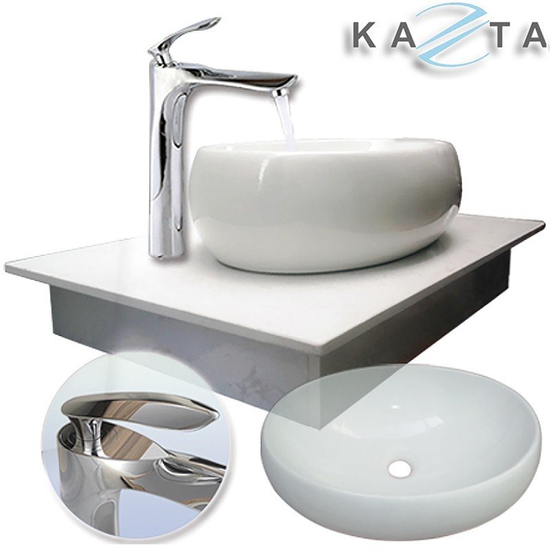 Combo Thiết Bị Nhà Tắm Cao Cấp KAZTA KZ-CBT13: Bồn Cầu Xả Xoáy Nắp Êm-Lavabo Đặt Bàn Đá-Sen Tắm Đứng Nóng Lạnh-Kèm Bộ Phụ Kiện Nhà Tắm