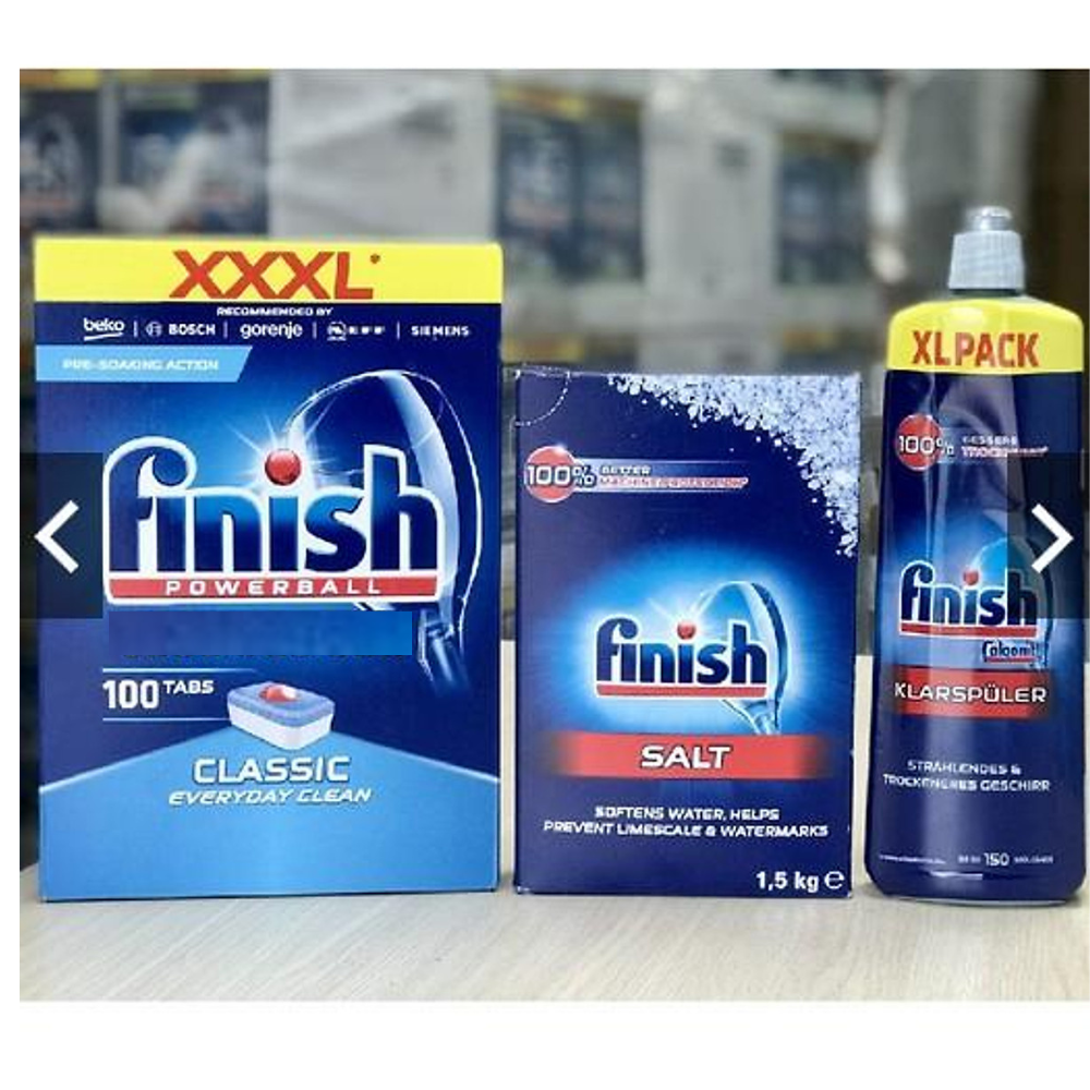 Combo 100 viên rửa bát Finish + 1.5kg Muối rửa chén finish + Nước bóng Finish 750ml