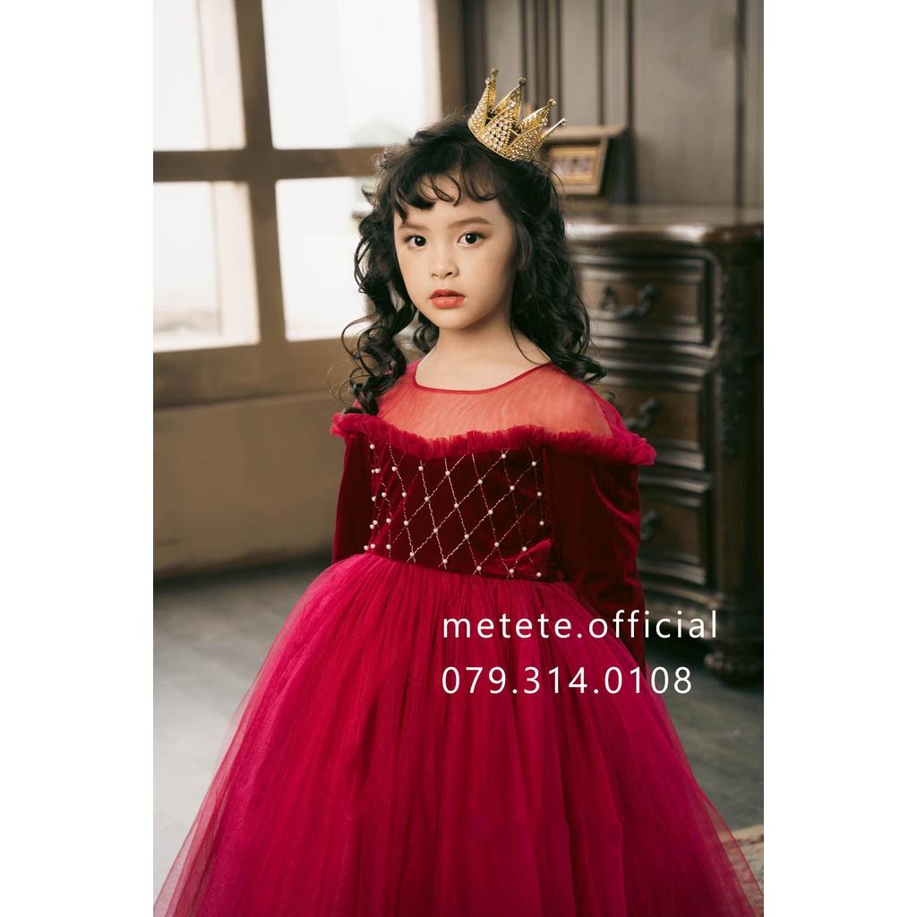 Váy đầm công chúa thiết kế cho bé gái tay dài vải nhung đỏ trễ vai sang chảnh - Mẹ Tê Tê