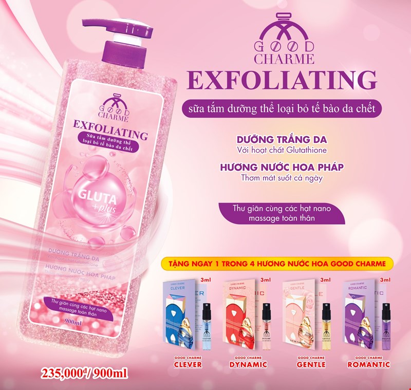 Sữa tắm tẩy tế bào chết, Charme Exfoliating, chiết xuất thiên nhiên, dưỡng trắng, làn da mềm mịn, 900ml