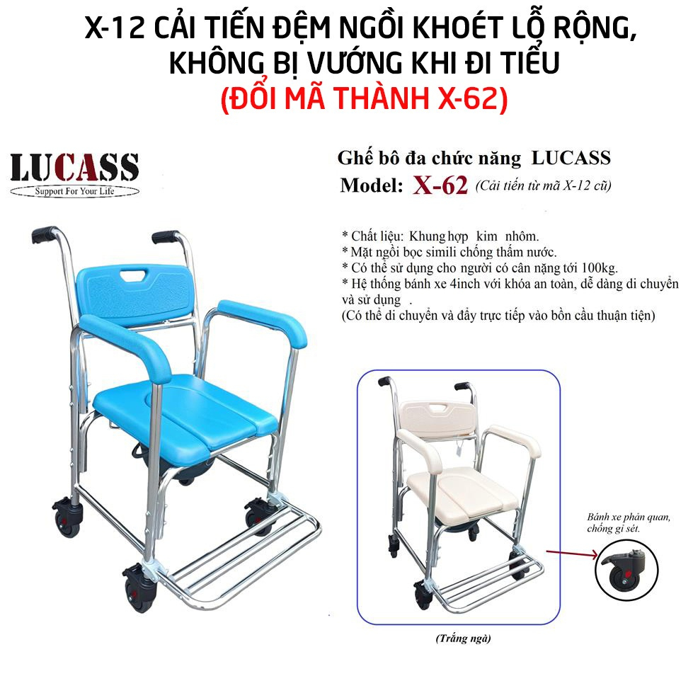 Ghế tắm cho người già ốm, ghế bô vệ sinh đa năng có bánh xe Lucass X-62
