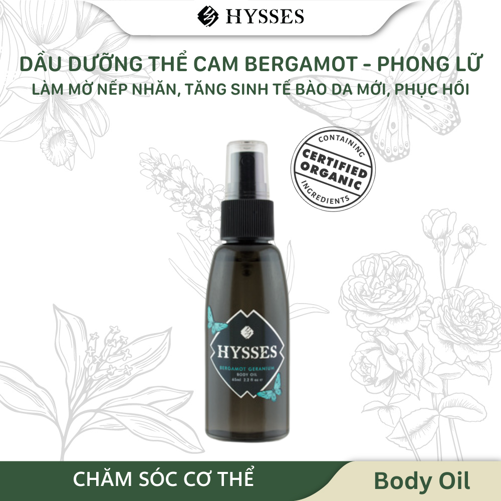 Dầu dưỡng thể Cao Cấp Hysses Body Oil Giúp Làm Mờ Nếp Nhăn, Hỗ Trợ Mụn Trứng Cá, Tăng Cường Tái Tạo Tế Bào Và Khóa Ẩm và Bảo Vệ Da Với Tinh Dầu Cam Bergamot - Hoa Phong Lữ Hữu Cơ Tự Nhiên