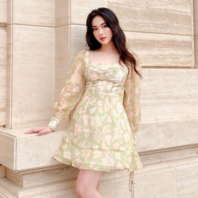 RECHIC Đầm Ngắn Vience họa tiết hoa cổ vuông tay dài cột dây lưng thời thượng xinh xắn