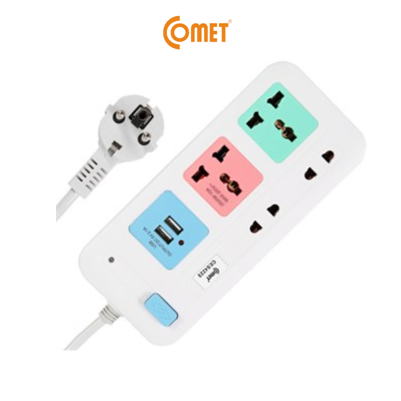 Ổ Cắm Nối Dài Cổng USB Comet CES4223 2500W dây dài 3m, 4 lỗ cắm, 2 cổng sạc USB, 1 công tắc