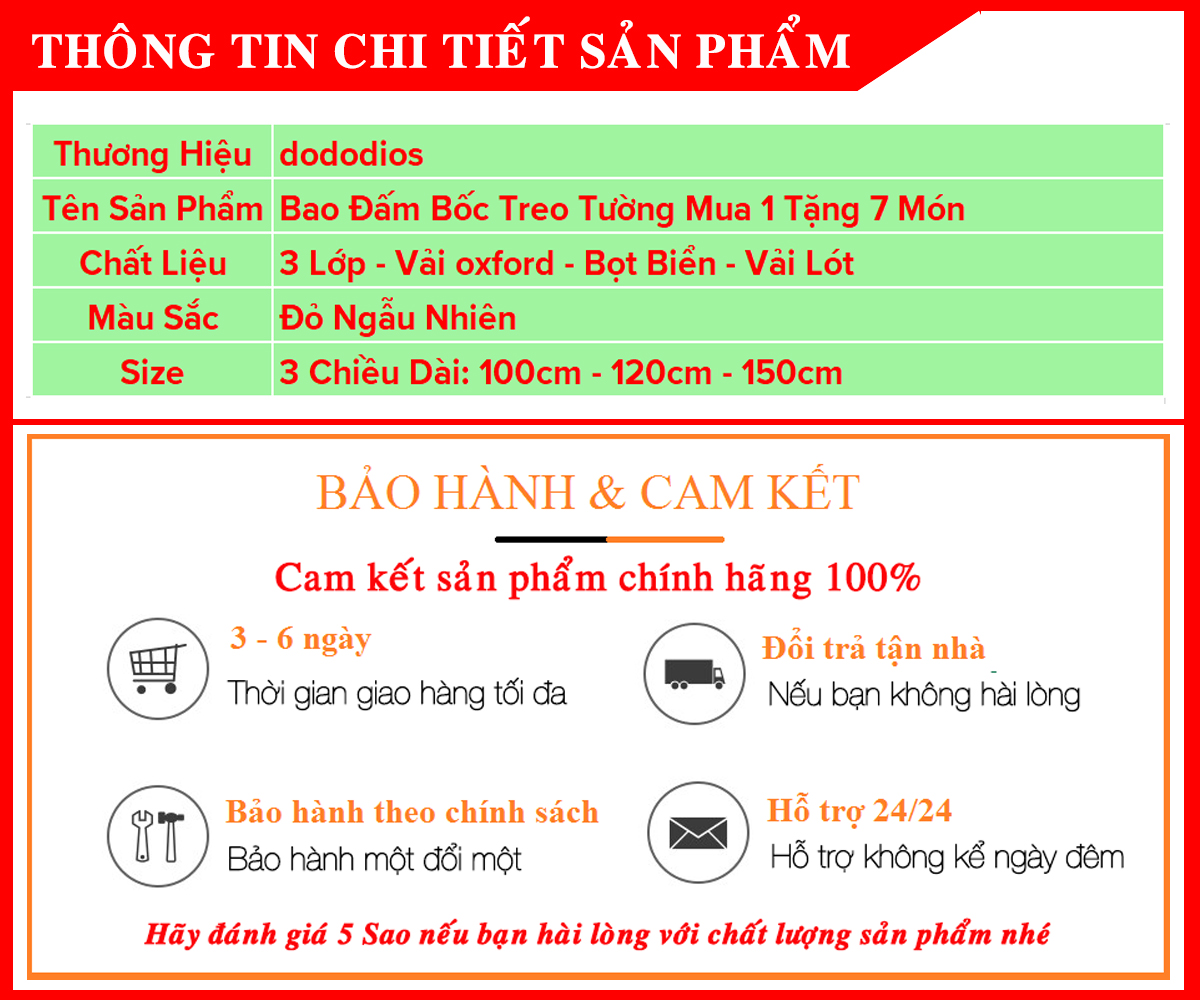 Bộ Vỏ Bao Đấm Bốc Treo Tường 3 Lớp Cao Cấp – Chọn Size - Mua 1 Tặng 7 Phụ Kiện Tập Luyện Siêu Bền Tập Boxing, Tập MMA – Dây Quấn Dài – Chính Hãng Dododios