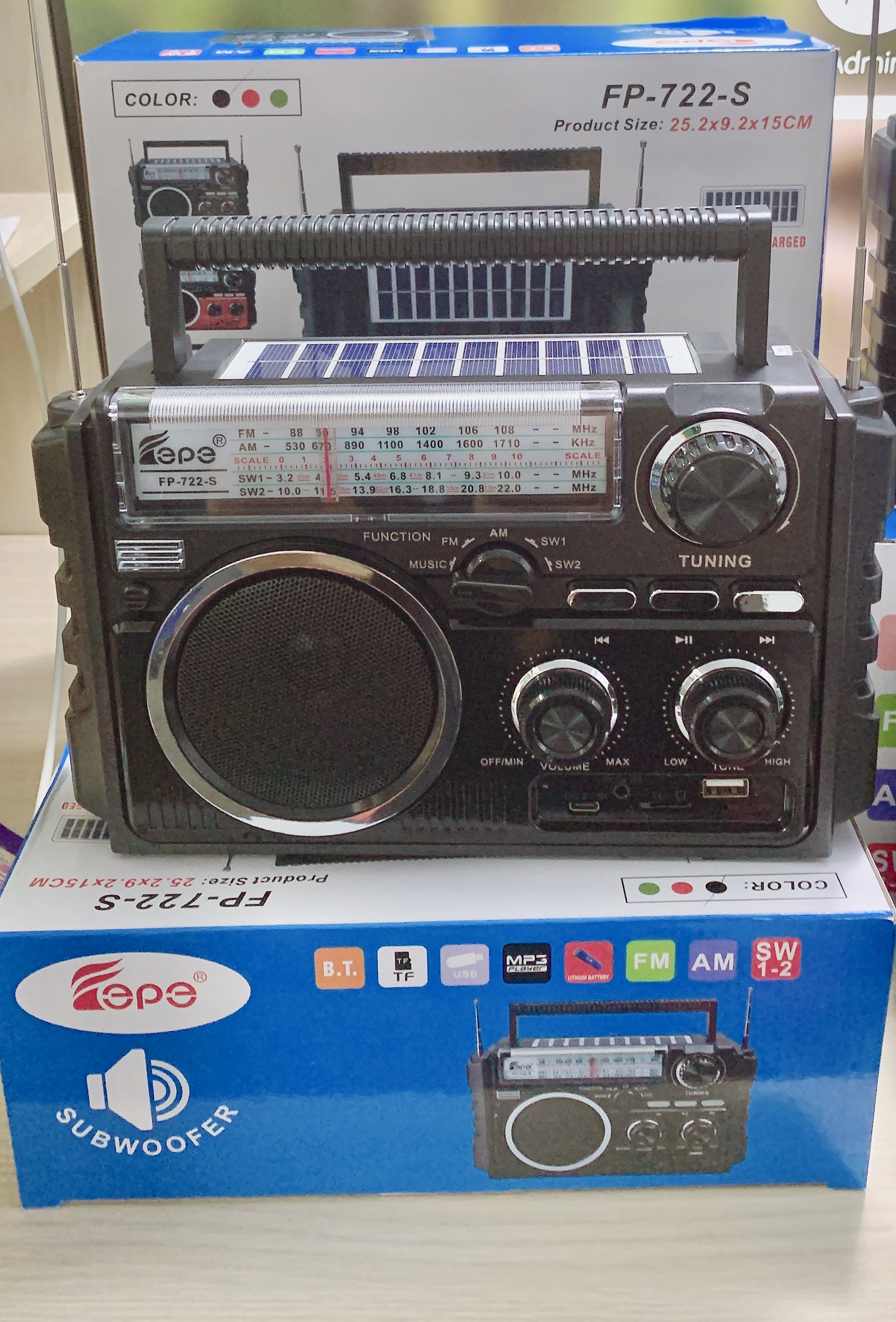 Đài FM Radio Nghe Nhạc FEPE FP-722-S Bluetooth-Sạc Năng Lượng Mặt Trời,Thiết Kế Cổ Điển Sang Trọng ,2 Ăn-Ten Bắt Sóng Mạnh Hỗ Trợ USB và Thẻ Nhớ- Hàng Chính Hãng
