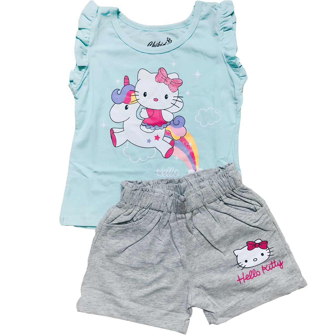 Đồ bộ thun cotton cho bé gái  mèo Hello Kitty cầu vồng xanh tím / set trang phục bé gái dễ thương 1-6T