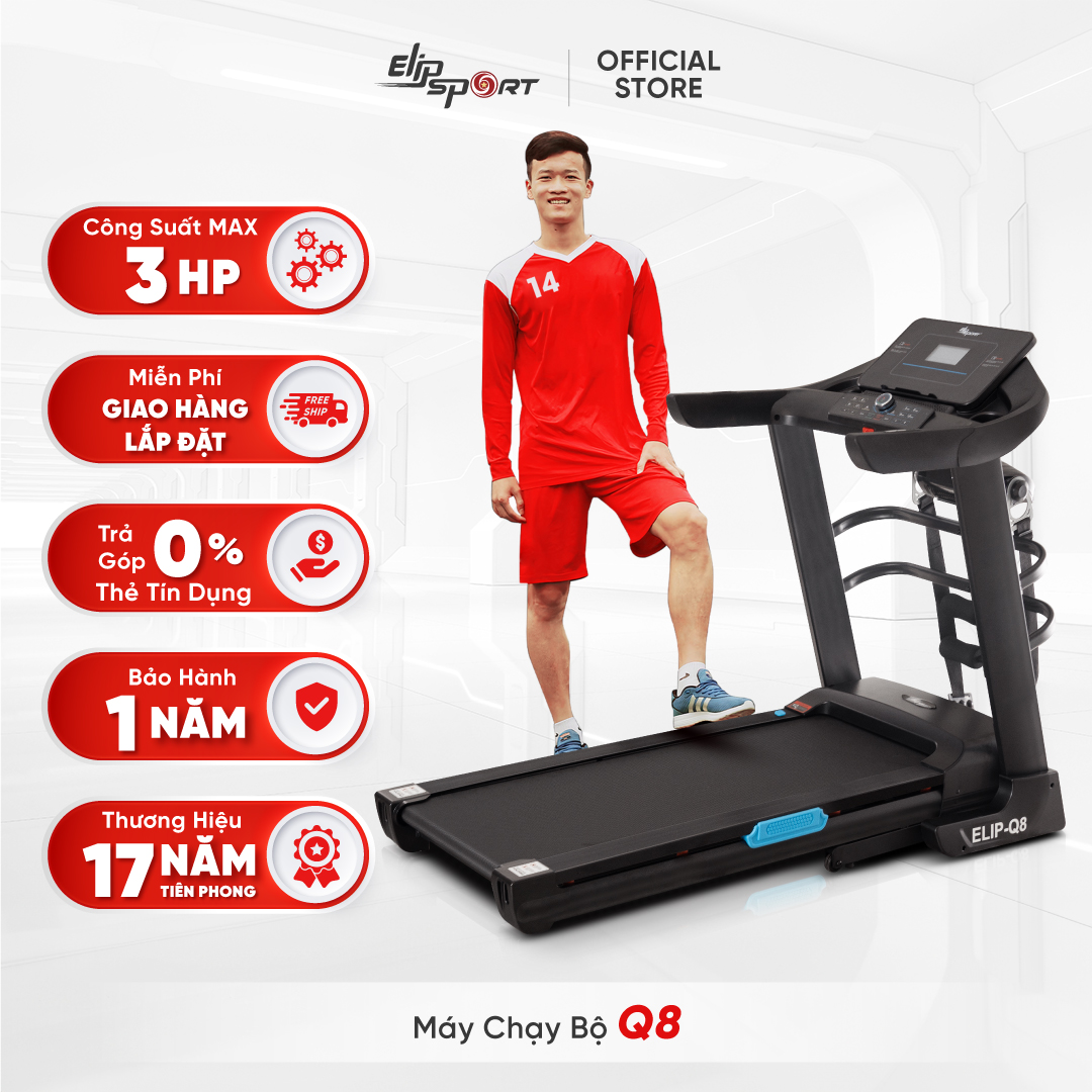 Máy Chạy Bộ ELIP Q8 - Công suất Max 3HP, Khung sườn thép cứng cáp, Nâng dốc tự động, Có Thanh gập bụng, Đai massage