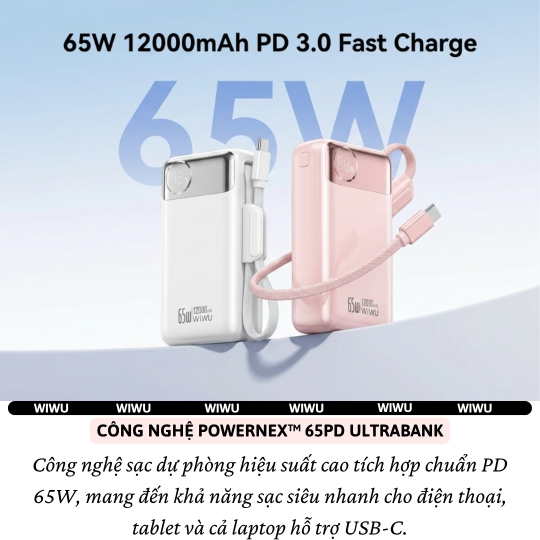 Pin sạc dự phòng PD 3.0 65W tích hợp dây sạc Type-C 12000Mah WIWU PowerPlus Sạc Nhanh cho iPhone Laptop MacBook Android - Màn hình hiển thị pin kỹ thuật số, Hệ thống bảo vệ đa tầng an toàn - hàng nhập khẩu
