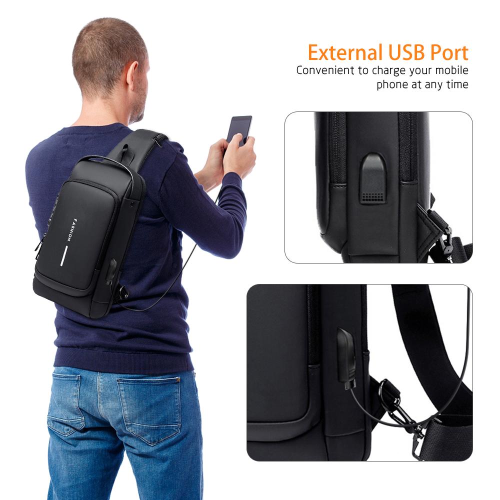 Men Sling Bag Pack with Lock Waterproof Anti-theft Chest Bag with USB Charging Port Shoulder Bag Crossbody Backpack