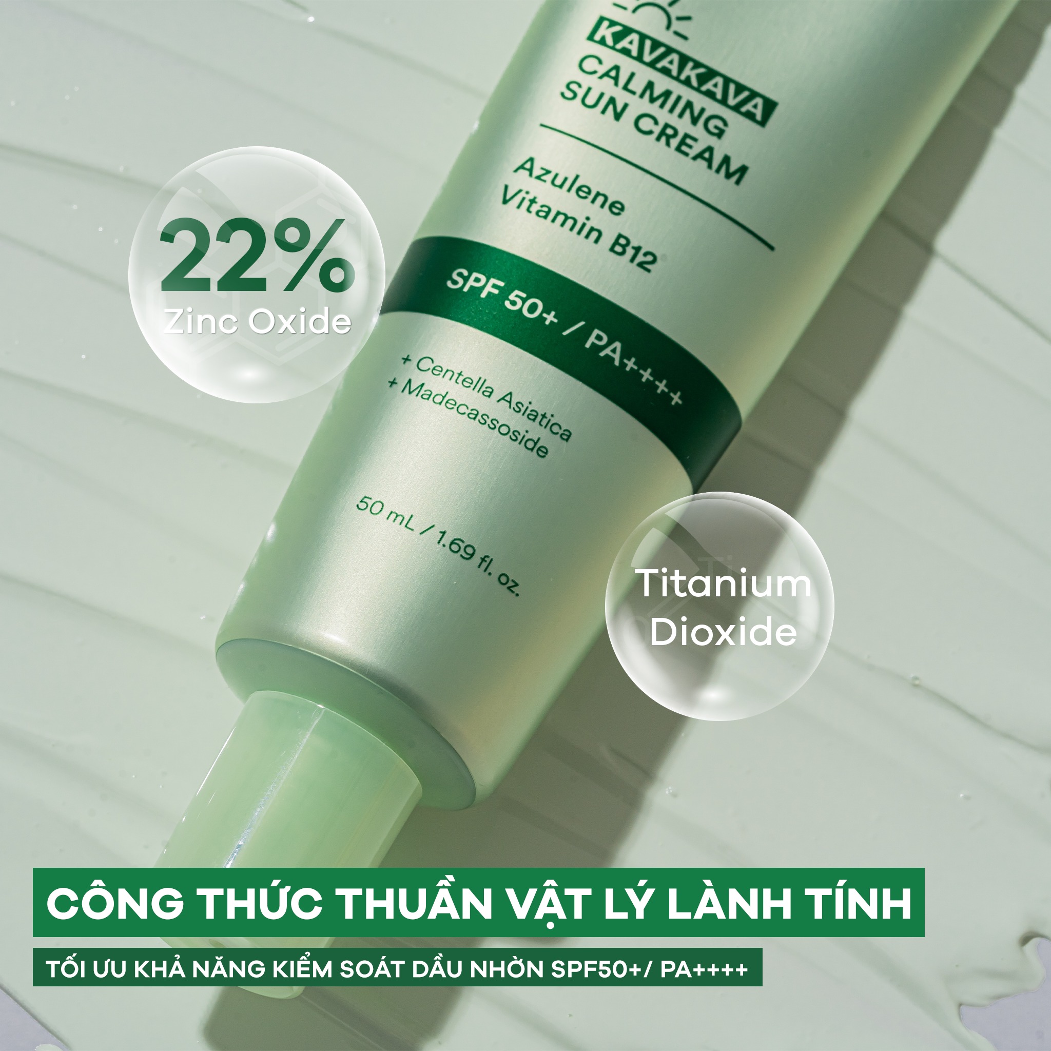 Kem chống nắng rau má kiềm dầu nâng tông cho da dầu, nhạy cảm Anodin Kava Kava Calming Suncream 50ml