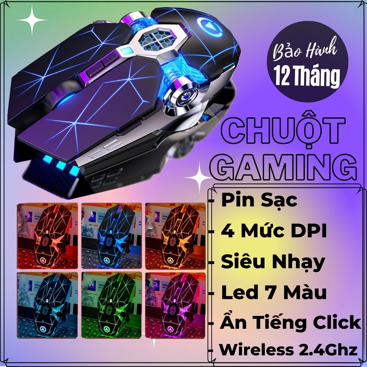 Chuột Không Dây Gaming Sạc Pin, Thiết Kế Led 7 Màu Cùng 4 Mức DPI Điều Chỉnh - Phím Cực Nhạy + Ẩn Tiếng Click ... CM1