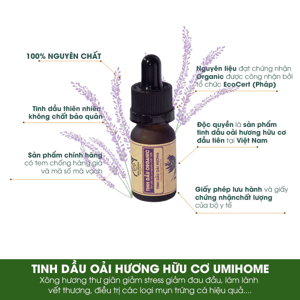 Tinh Dầu Oải Hương Nguyên Chất UMIHOME (10ml) - Tinh dầu Lavender dùng cho đèn xông hương khử mùi, thanh lọc không khí