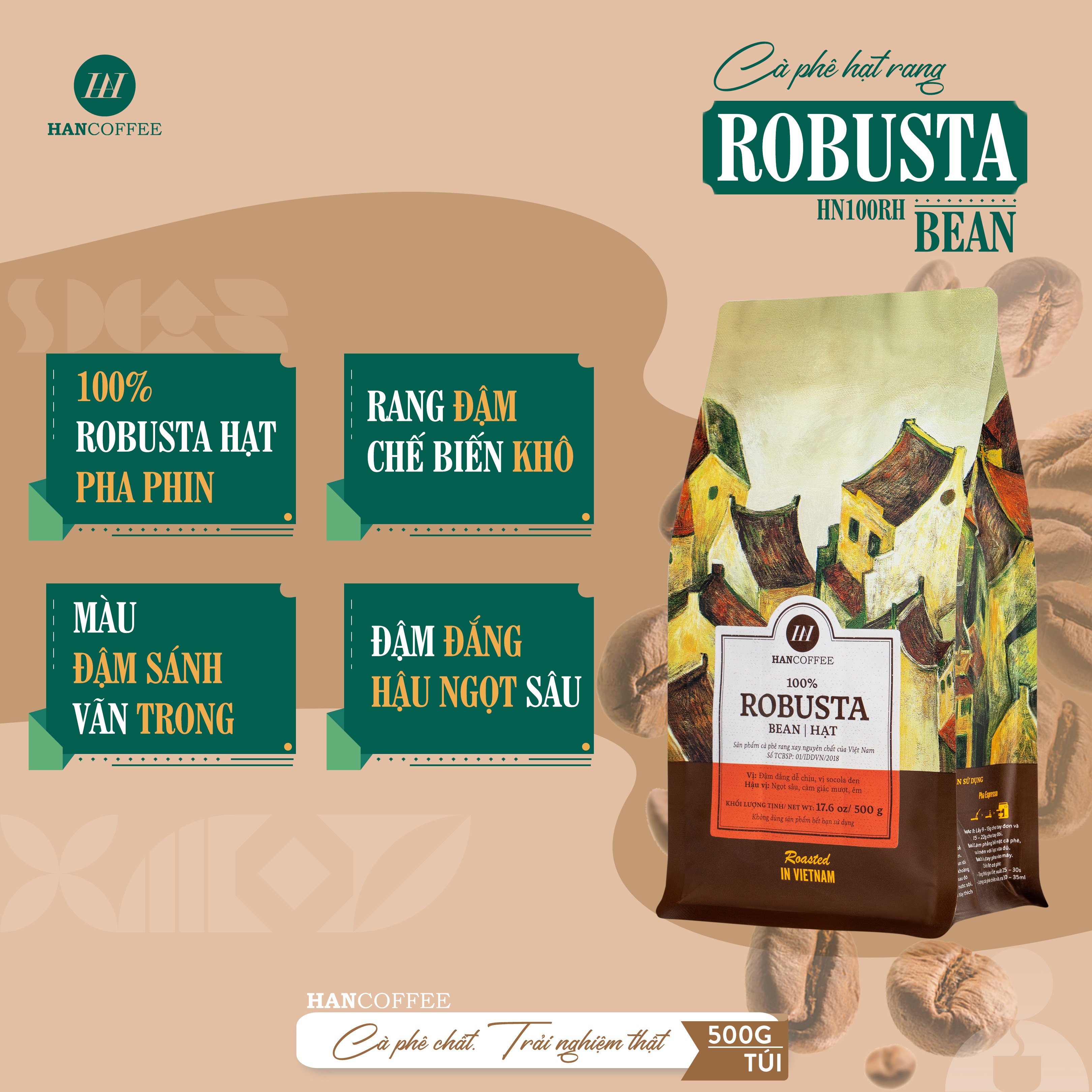 Cà Phê Robusta - Cafe Rang Mộc 100% HANCOFFEE Đắng Vừa, Hậu Ngọt, Dễ Uống Pha Phin, Nguyên Hạt 500g-HN100RB1