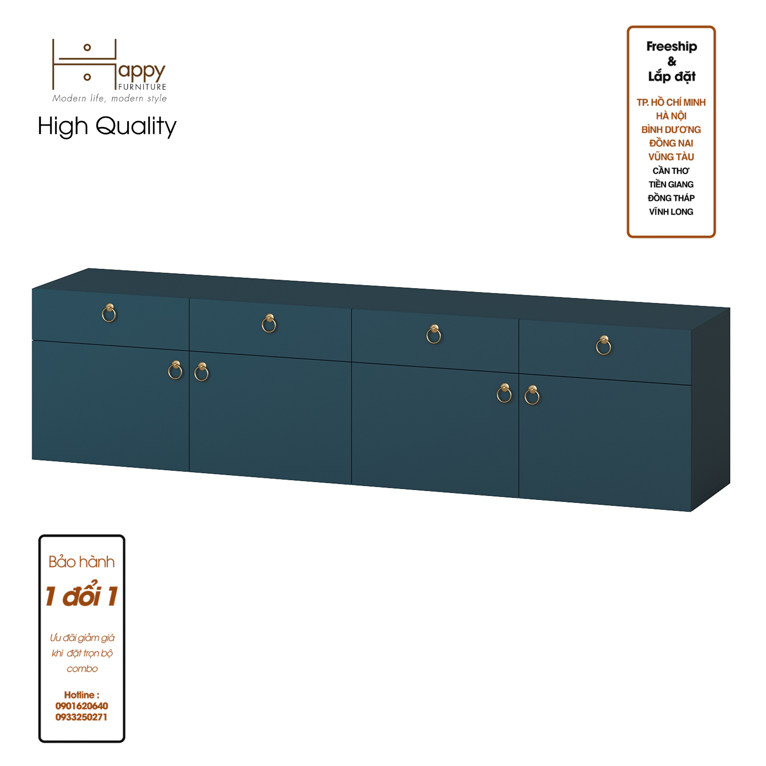 WESLEY, Kệ Tivi 4 ngăn kéo - 4 cửa mở, 200cm x 40cm x 50cm  MDF Chống ẩm