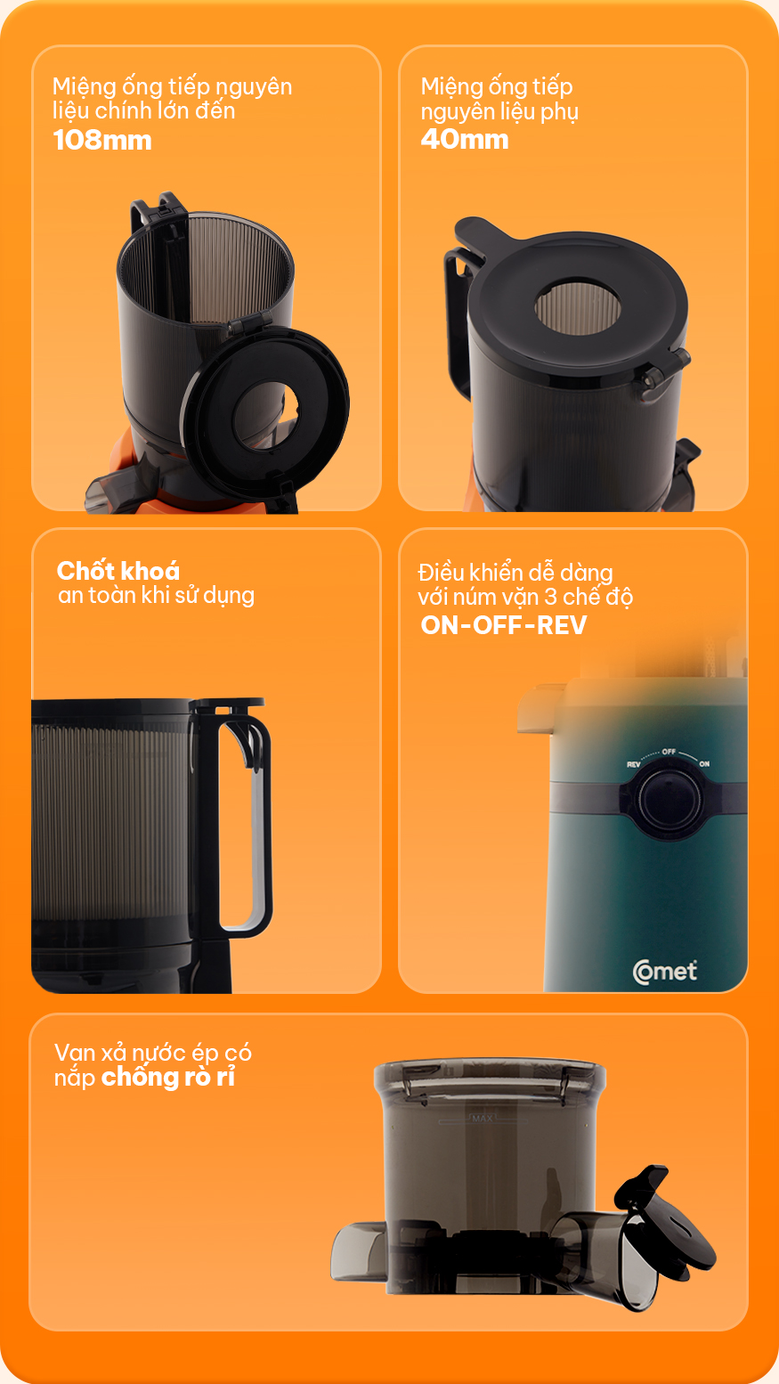Máy ép chậm Comet CM9616 – Công suất 200W, dung tích 600ml, ép kiệt bã 98%, miệng ép lớn 108mm – Hàng chính hãng bảo hành 12 tháng