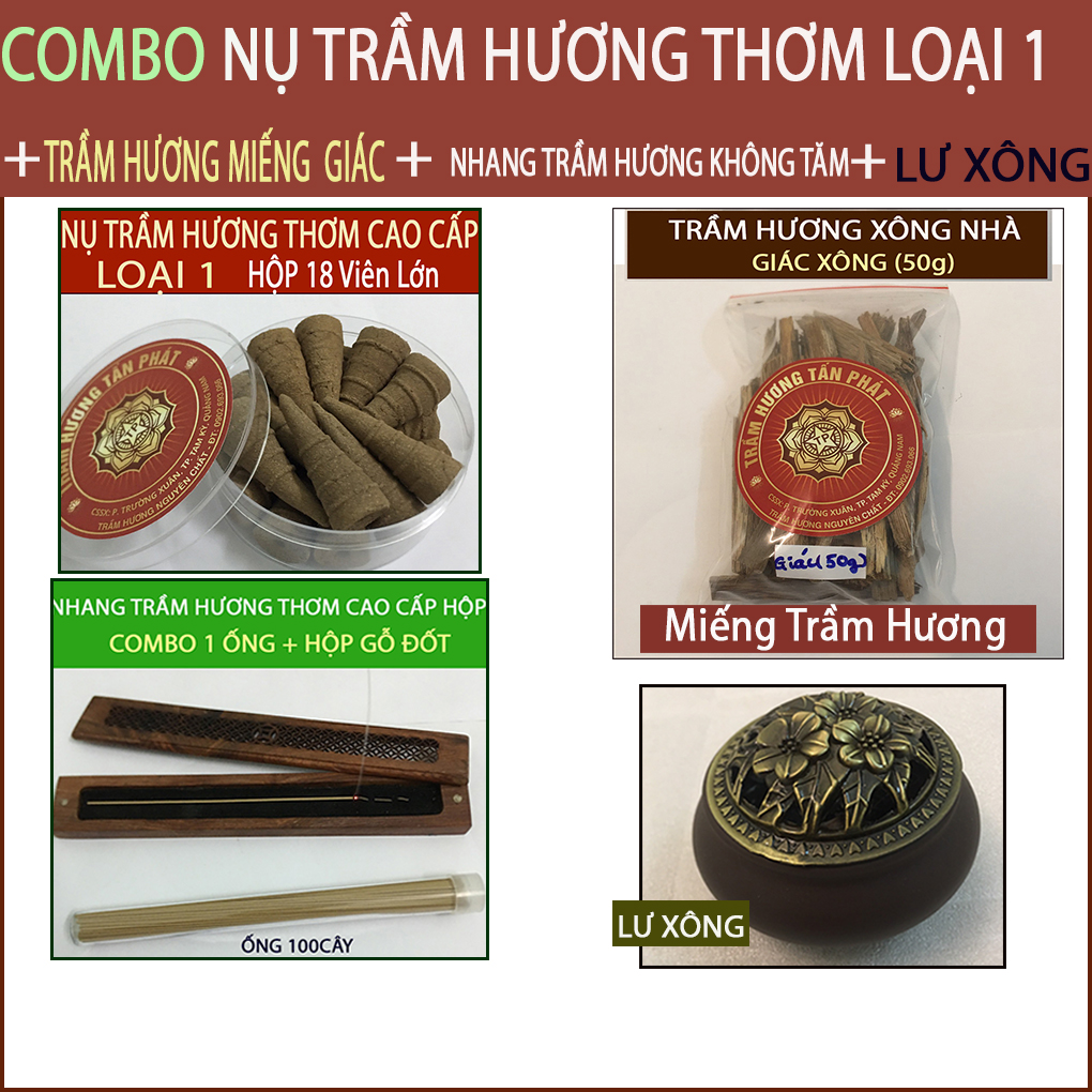 Trầm Hương Thơm Cao Cấp ( ComBo Nụ, Nhang không tăm, Miếng Trầm Hương + Lư Xông)