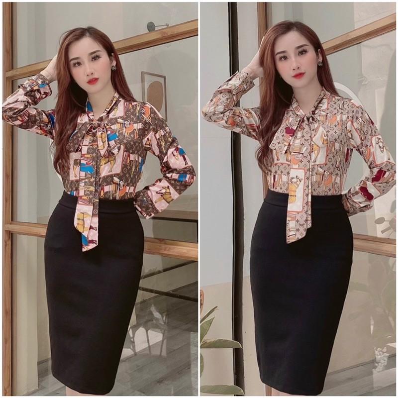 Áo sơ mi cổ nơ hoạ tiết chú ngựa dài tay siêu hót