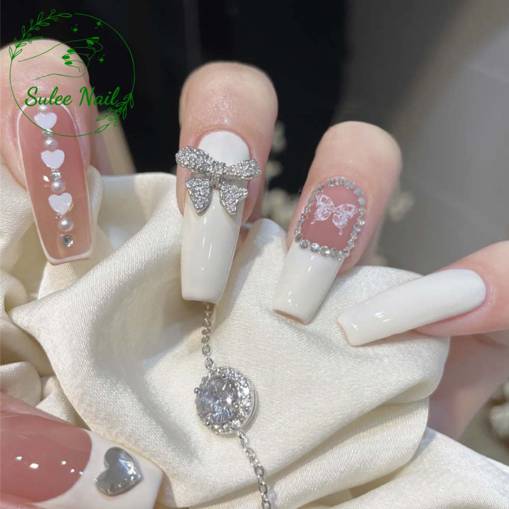 Nail xinh đính nơ, nailbox mẫu phụ kiện móng tay giả Suleenail chụp kỉ yếu