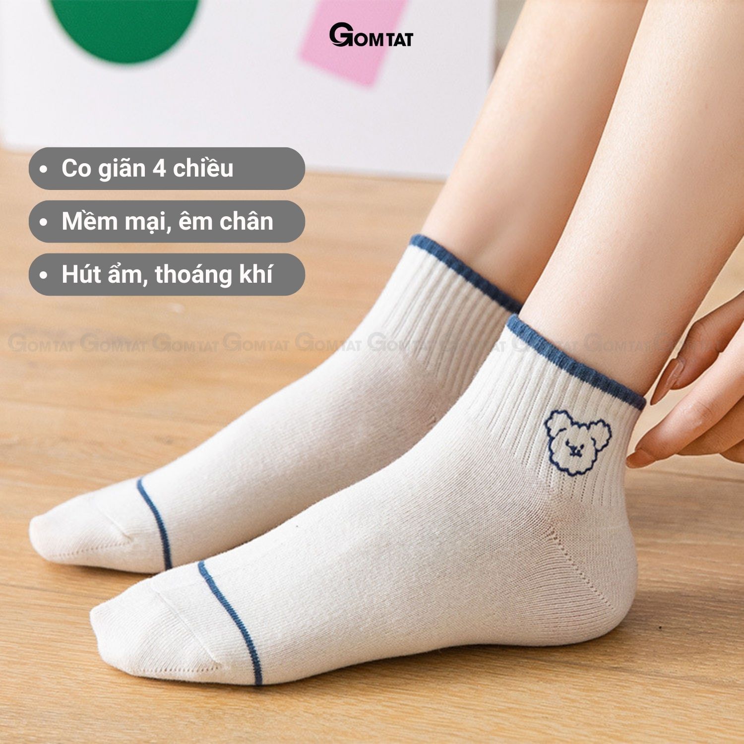 Set 5 đôi tất vớ nữ cổ ngắn GOMTAT hình gấu trắng đen, chất liệu cotton cao cấp, mềm mịn thoáng khí - NUCN-HINHGAU-CB5