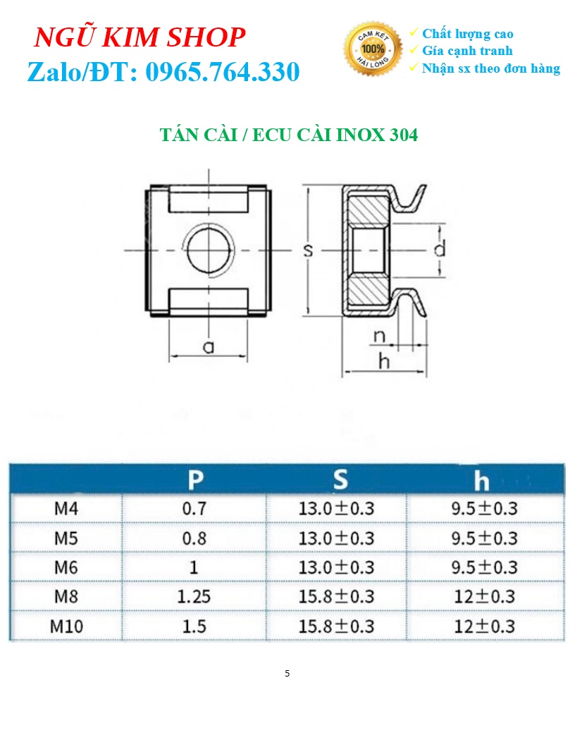 TÁN CÀI _ ECU CÀI M5, M6, M8 INOX 304