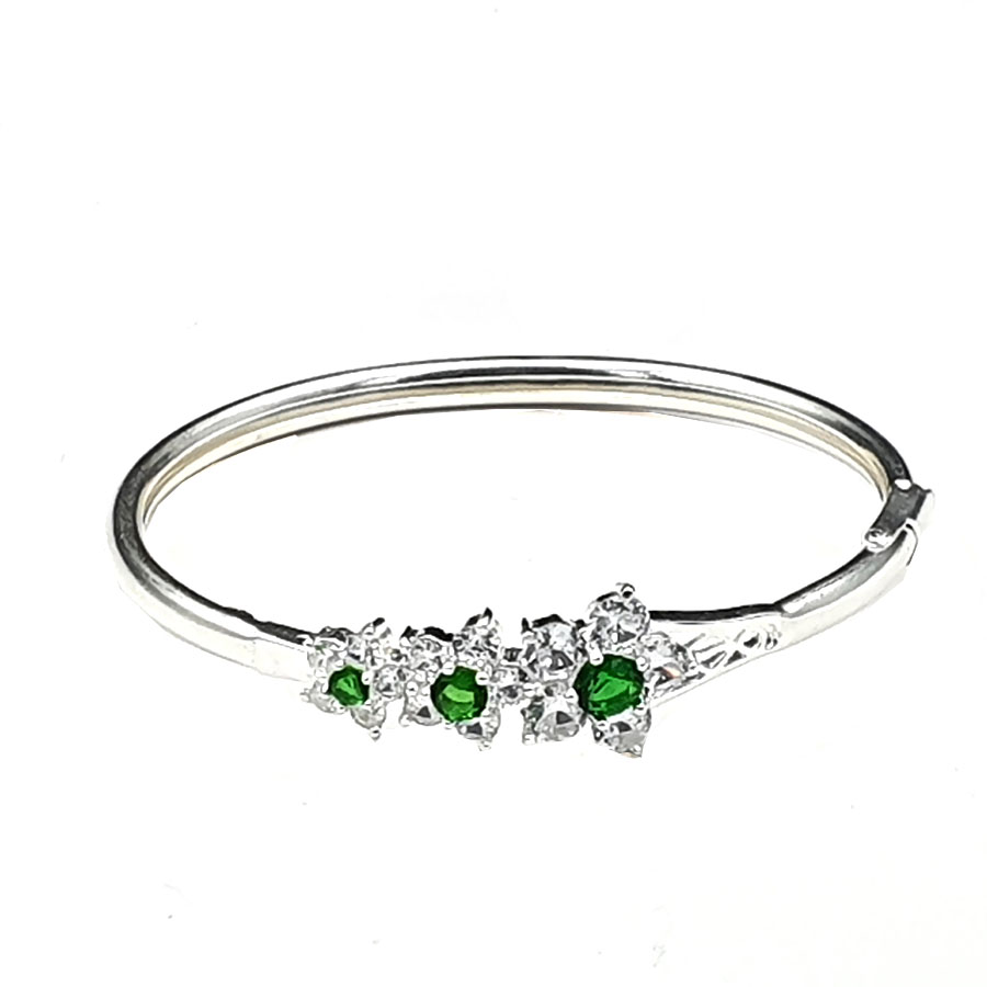 Vòng Tay, Lắc Tay Nữ Dạng Kiềng Tam Hoa Đá Xanh Bạc S925 BẠC HIỂU MINH LTU305S