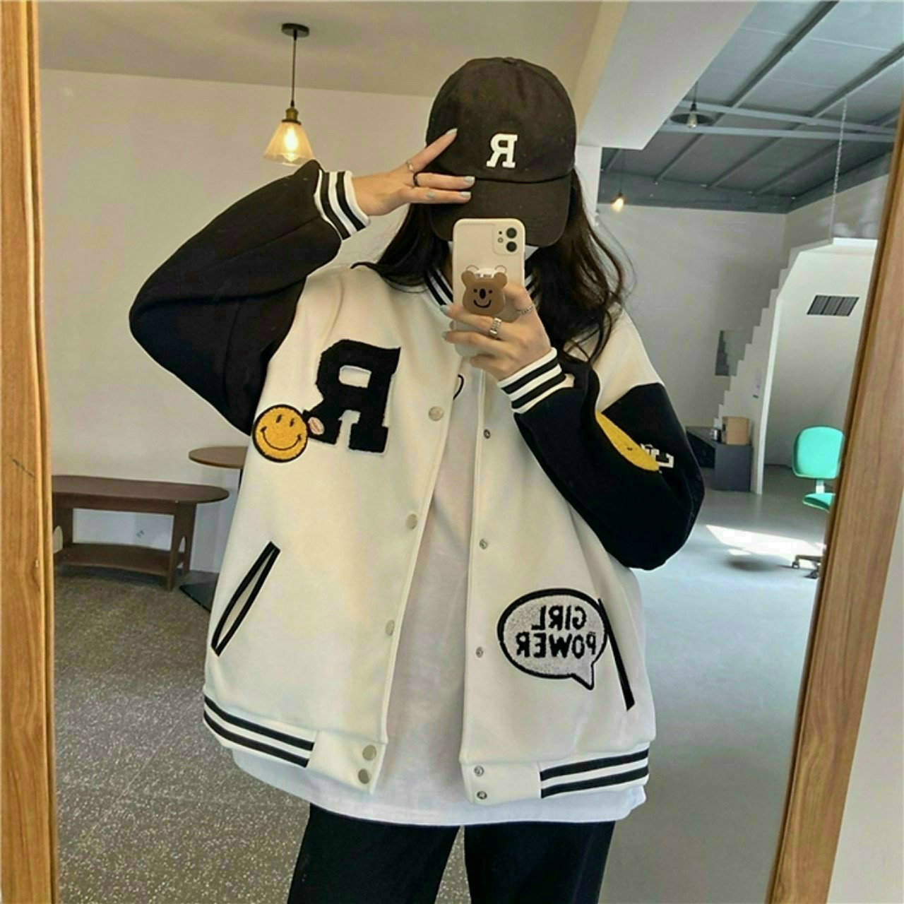 Áo Khoác Bomber Varsity Jacket in chữ R mặt cười cá tính form Unisex Nam Nữ, Áo Khoác cardigan Cá Tính In Thêu Logo, Chạy Viền Sọc, ÁO KHOÁC BOMBER R NỈ NGOẠI CAO CẤP GIRL POWER NAM NỮ, áo cardigan