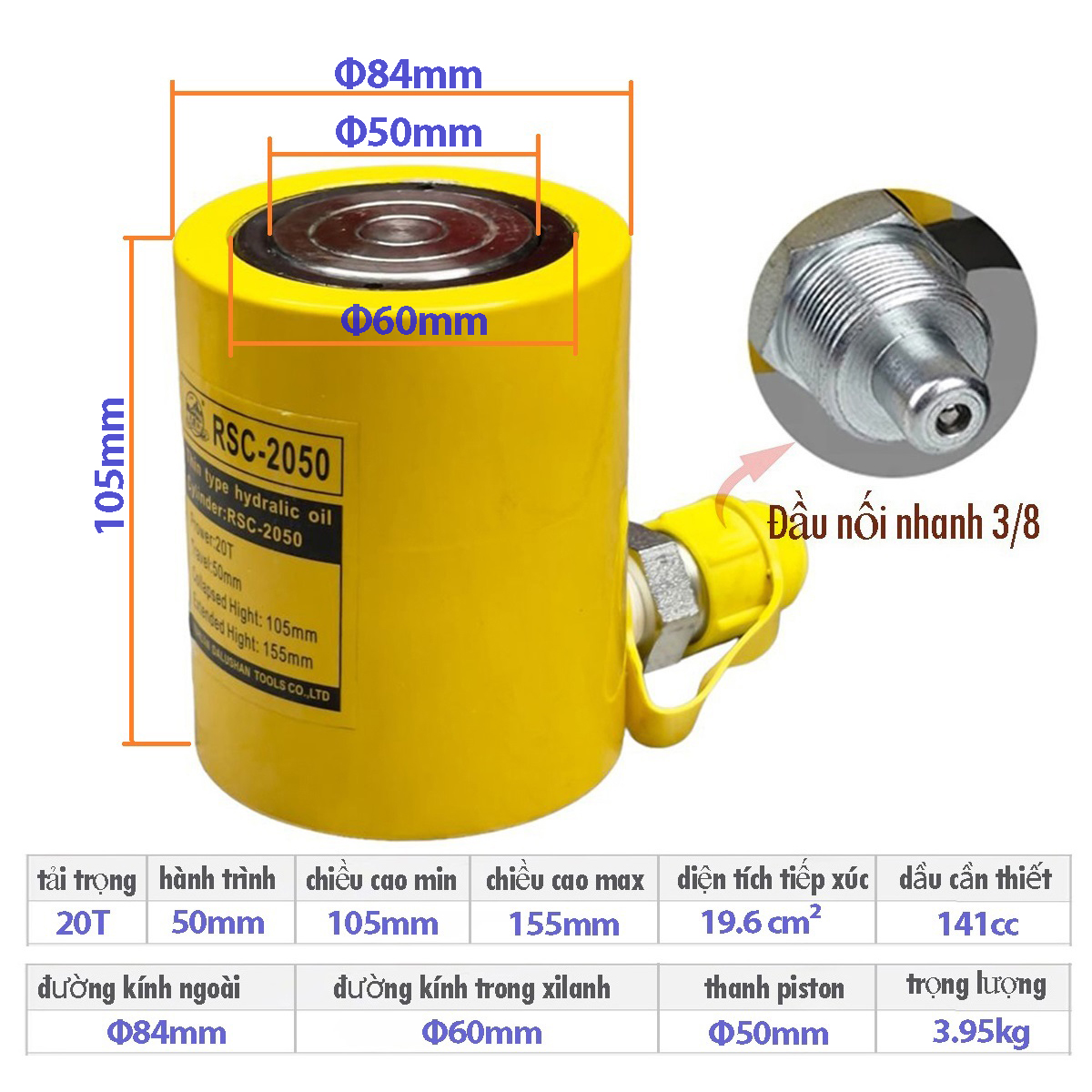 Kích Thủy Lực 20 Tấn RSC-2050 – Kích Lùn Công Nghiệp, Hành Trình 50mm