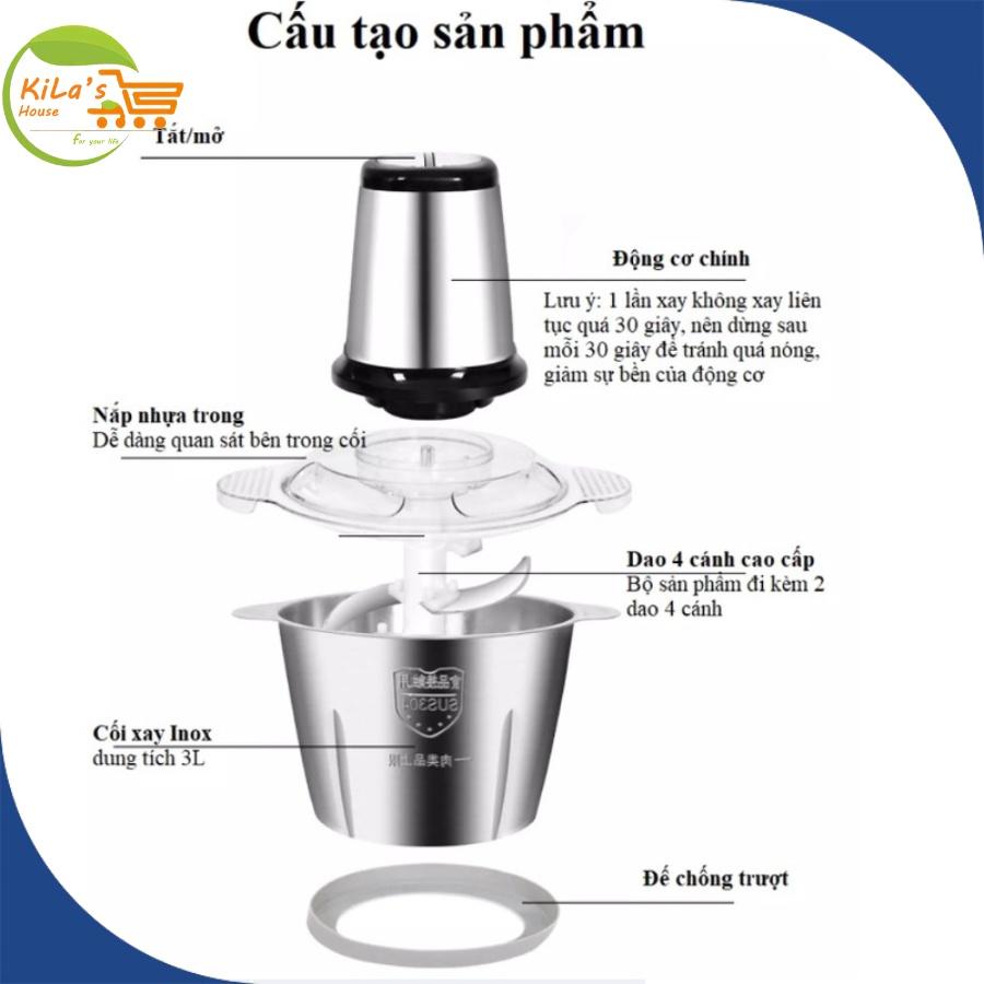 Máy Xay Thịt Đa Năng Cối INOX 2L Công Suất 250W - 2 Lưỡi Kép - Cối xay thực phẩm,tỏi ớt,rau củ tiện dụng