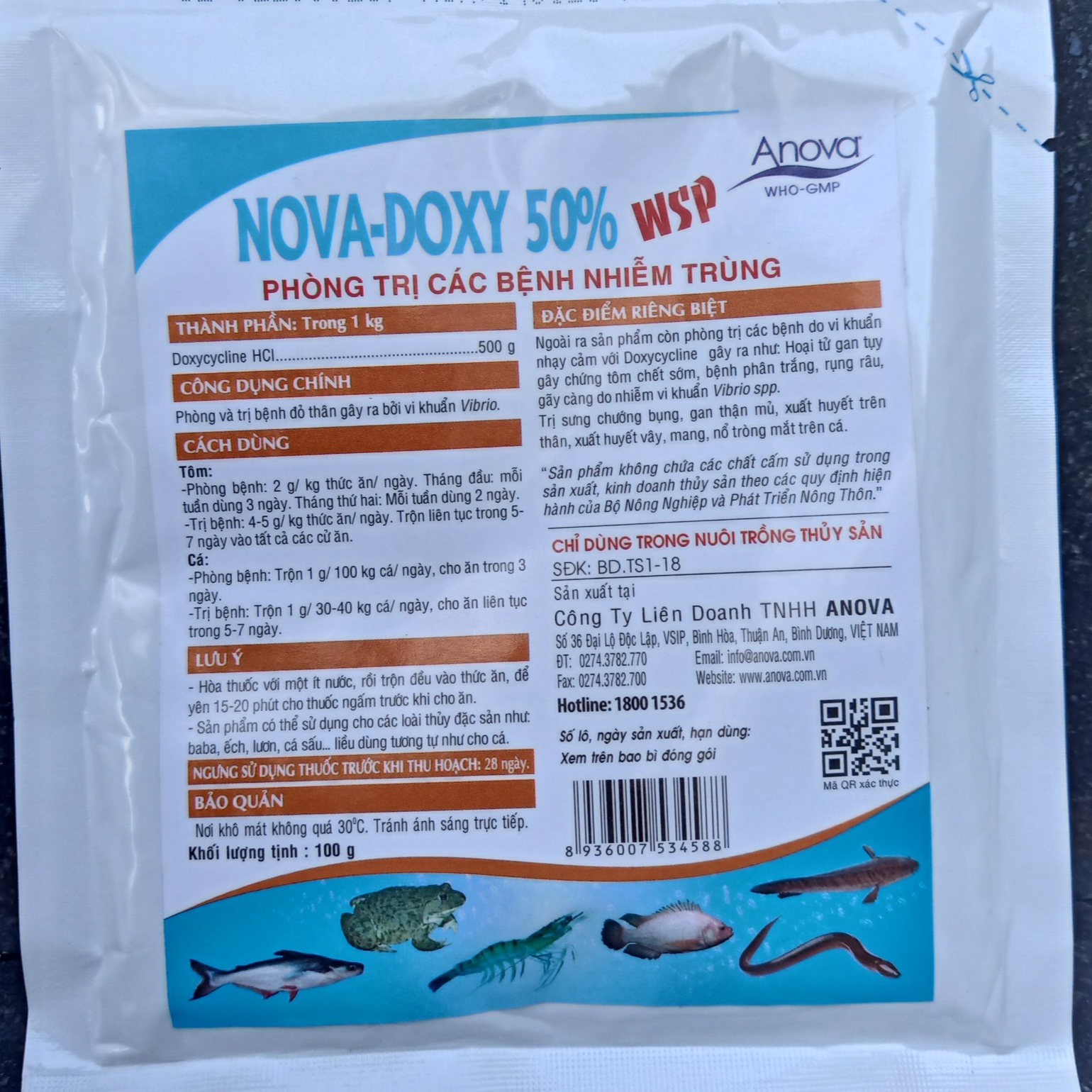 Nova Doxy 50% WSP trị xuất huyết vây, mang, chướng bụng, gan thận mủ, nổ tròng mắt trên cá, bệnh phân trắng trên tôm (Gói 100g)